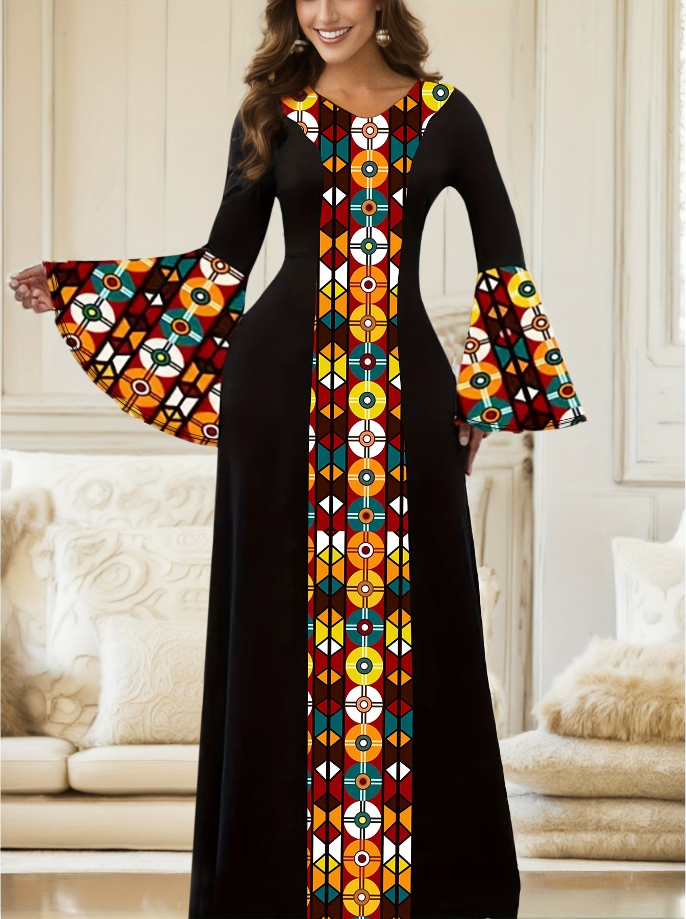 Women's Plus Size Ethnic Style Dress - Colorblock Tribal Print Bell Sleeve Round Neck Maxi Dress - For Women Size 14-24 - Suitable for Casual Wear, Parties & Festivals - Perfect Gift for Fashionable Women